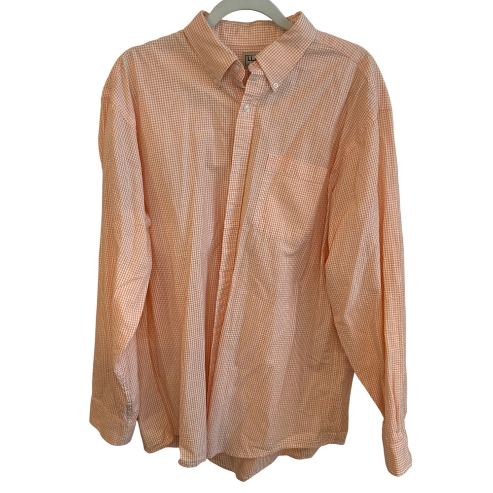 LL Bean Mens Orange‎ Gingham Button Down Shirt Long Sleeve Cotton L-Reg 0HAA5